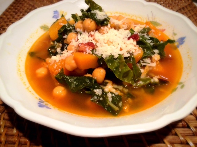 chard, butternut squash, chickpea and bacon soup