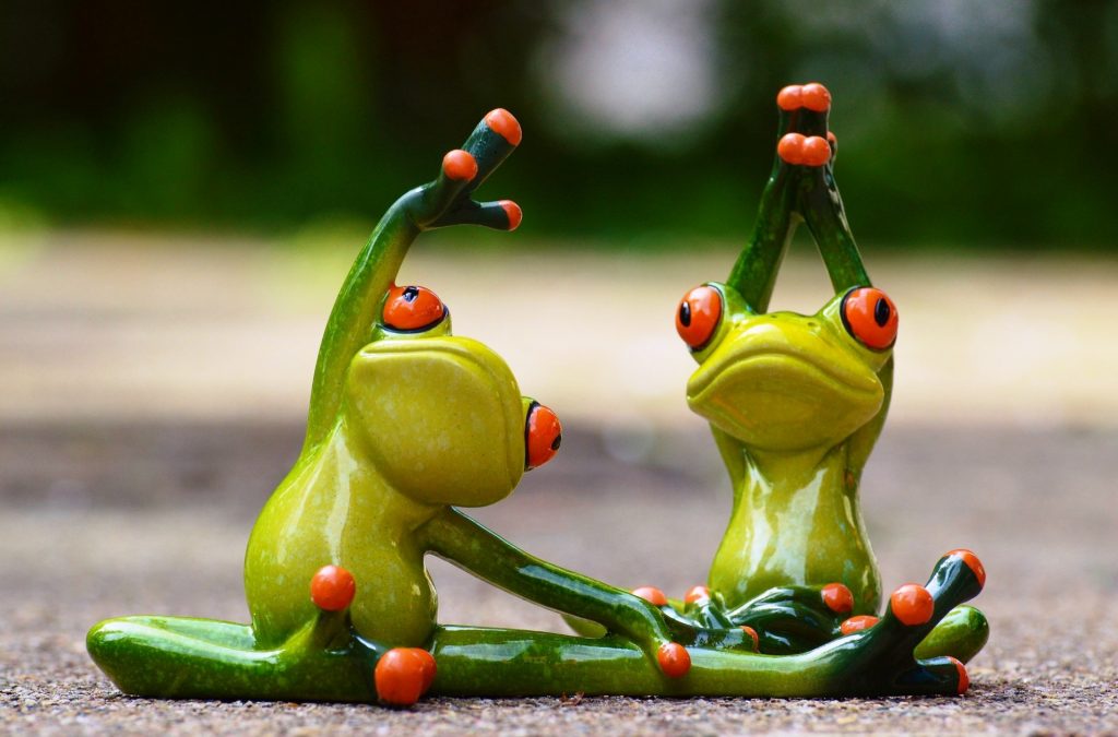frog figurines practicing yoga poses