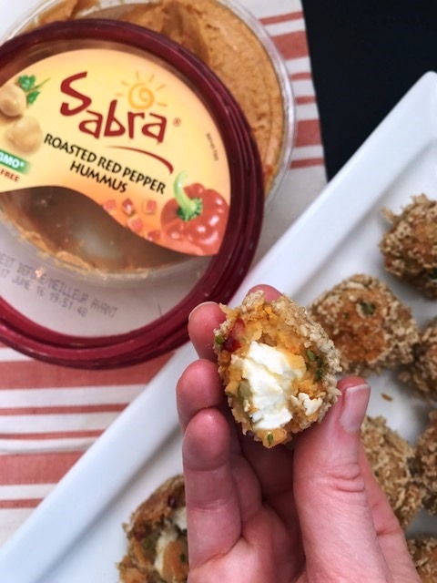 Sabra Hummus baked mashed potato balls stuffed with feta cheese and crusted with chex cereal