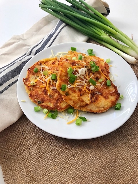 cheesy shrimp and grits pancakes with green onions