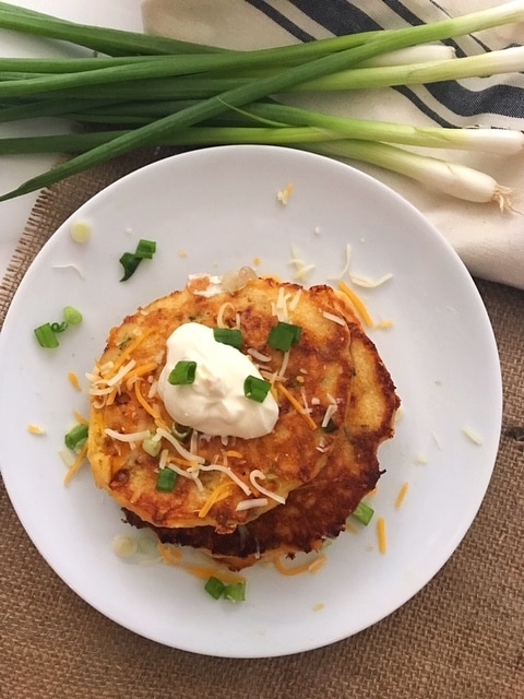 cheesy shrimp and grits pancakes with green onions