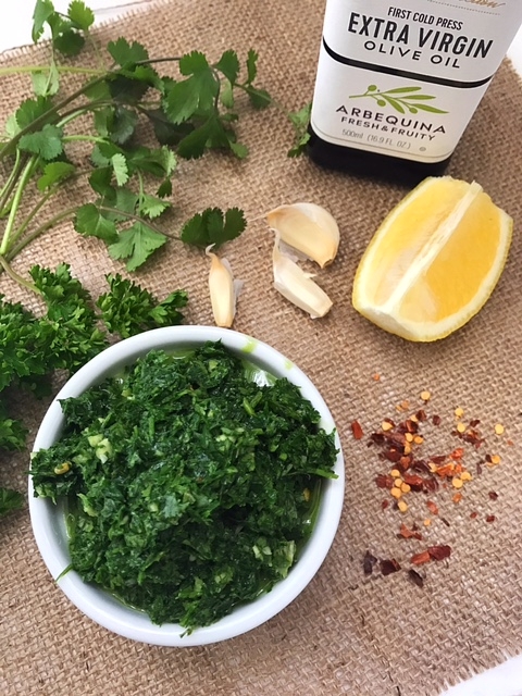 chimichurri sauce and cilantro, garlic, lemon, chile flakes and extra virgin olive oil