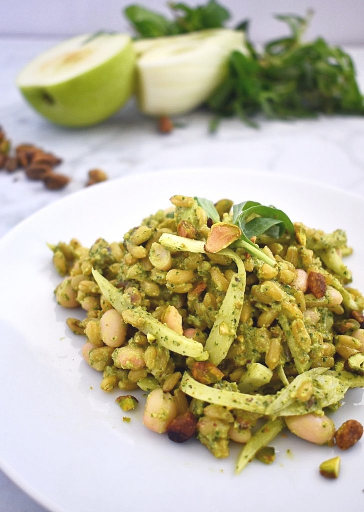 kamut and white bean salad with green goddess dressing and pistachios