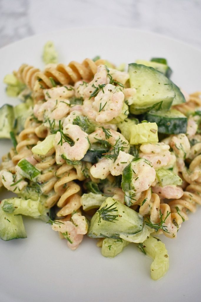 healthy shrimp and dill pasta salad with cucumber