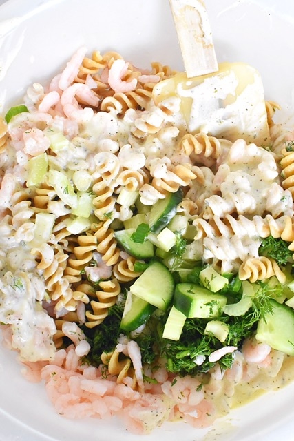 healthy shrimp and dill pasta salad with cucumber
