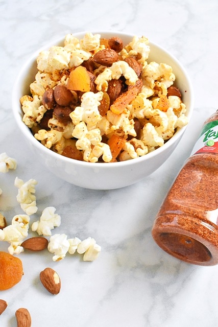 Chile lime popcorn trail mix with almonds, driedapricots and Tajin