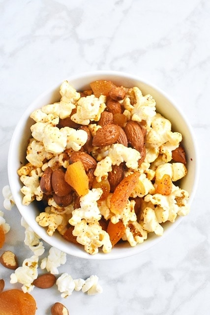 Chile lime popcorn trail mix with almonds and dried apricots