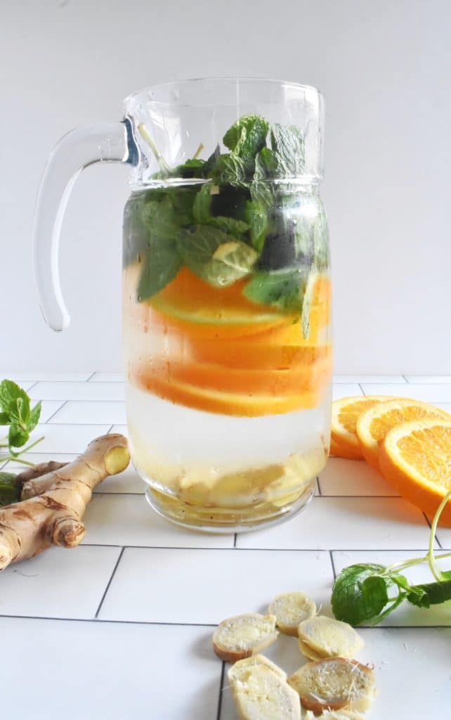 Infused water with orange, ginger and fresh mint leaves