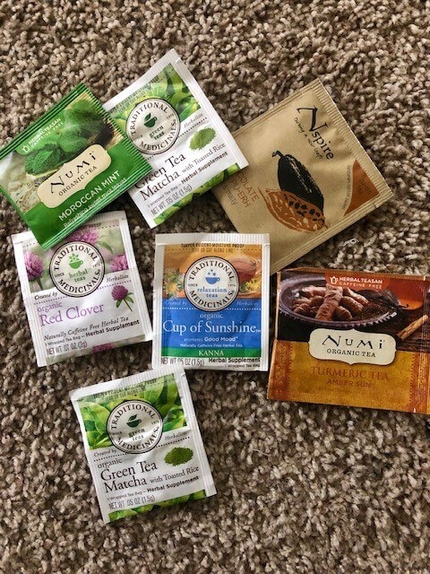 assortment of tea bags from expo west 2019 numi and traditional medicinals