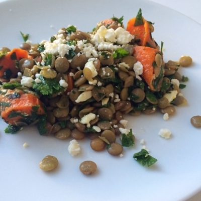 lentil salad with carrots, feta and fresh herbs