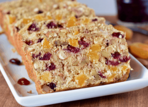slices of no sugar fruit and nut bread on white platter
