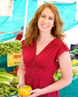 Lindsey Pine Los Angeles registered dietitian nutritionist wearing pink dress at farmers market