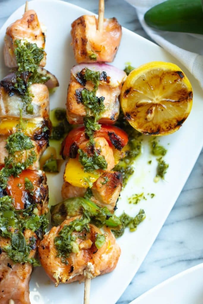chimichurri salmon skewers with grilled lemon