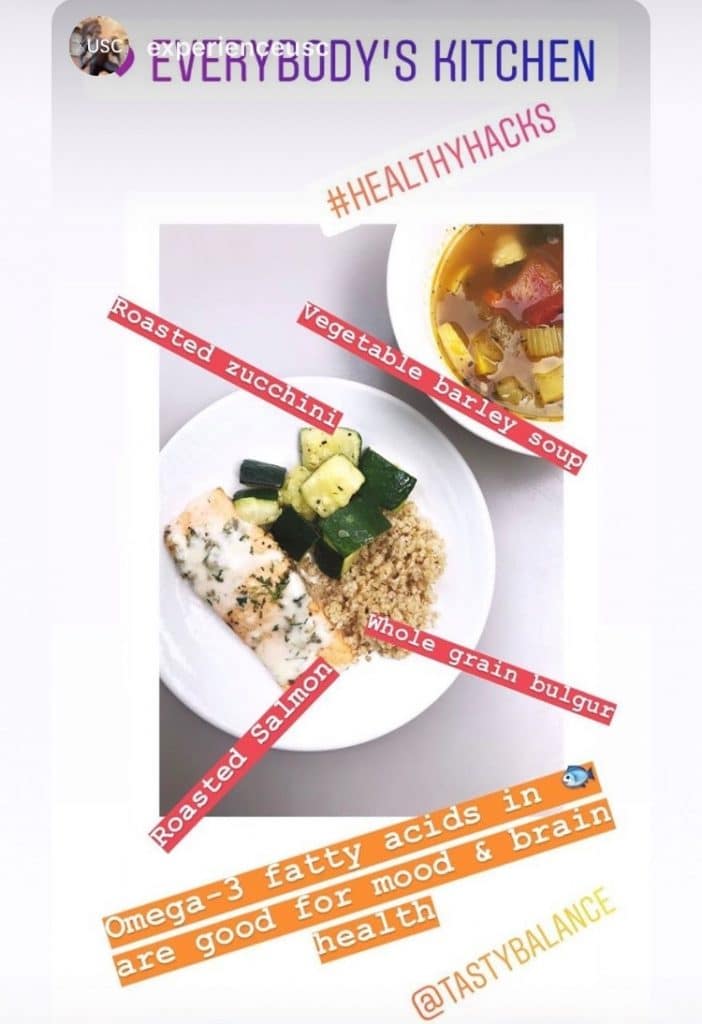 ExperienceUSC healthy hacks from EVK balanced plate with salmon, roasted zucchini, and bulgur with vegetable soup