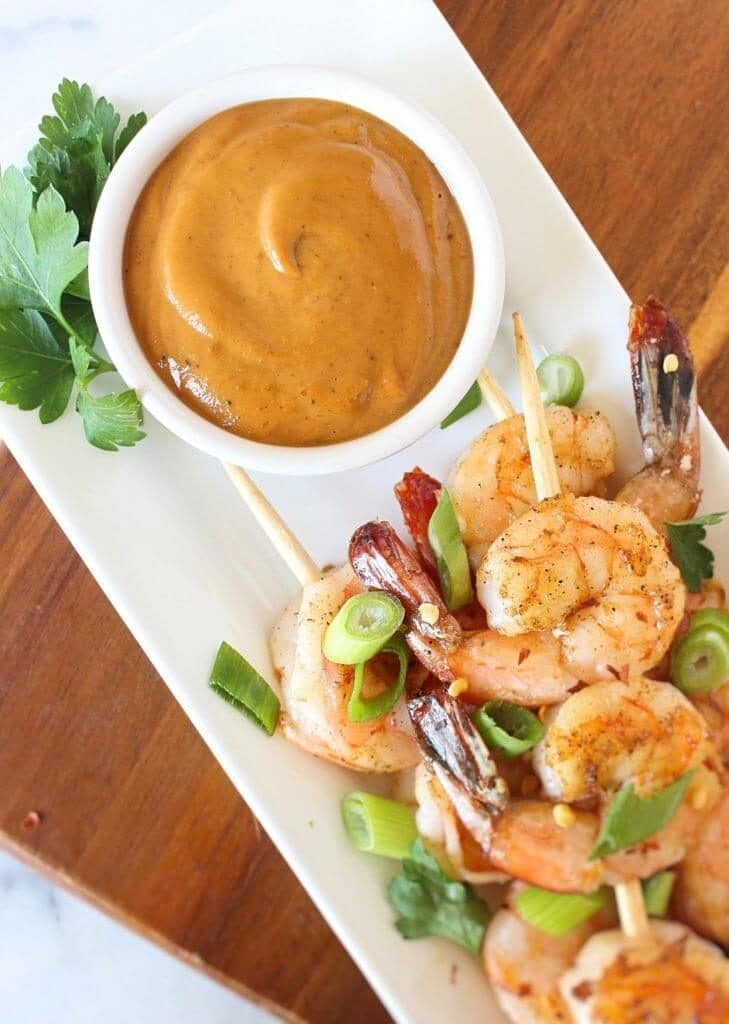 spicy shrimp skewers with sun butter dip
