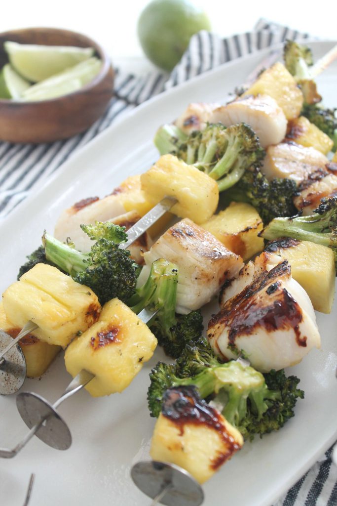 sweet and sour scallop kabobs with pineapple and broccoli