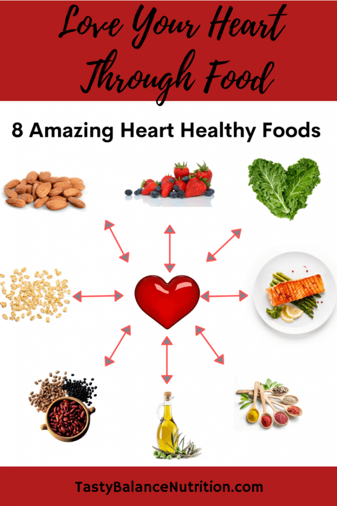 pinterest infograpic with 8 foods for heart health