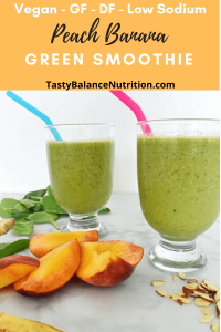 peach banana green smoothie in 2 glasses with straws