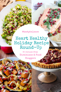 Heart healthy holiday recipe round up collage with pics of cranberry tart, salmon, squash and brussels sprouts
